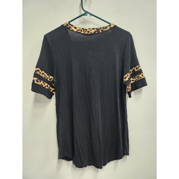 Egs Womens Black Animal Print Trim Tunic Top Medium Short Sleeve V Neck BOHO Tee - Picture 6 of 7